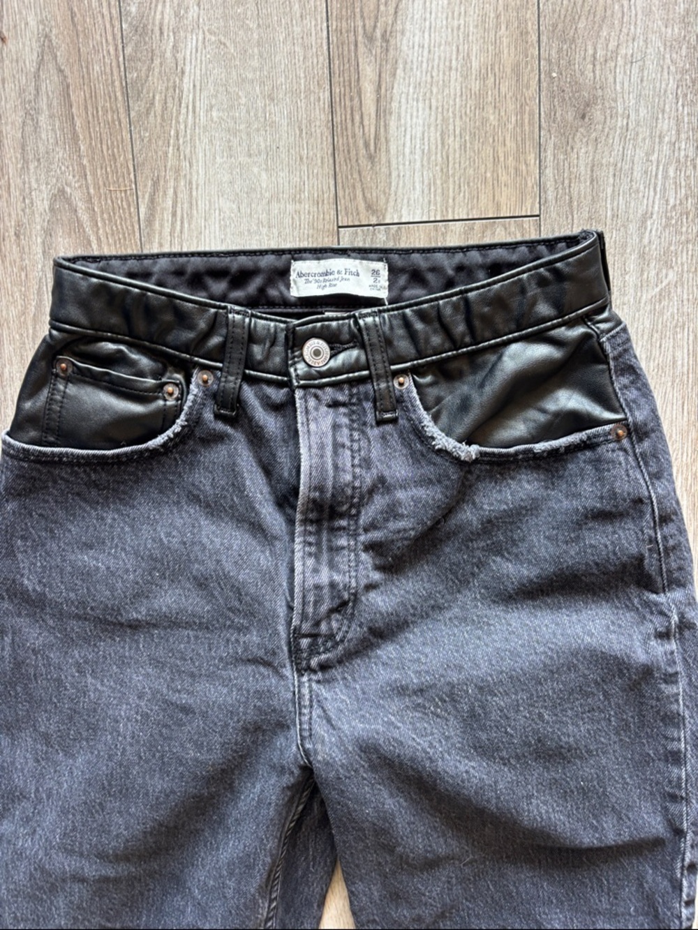 Abercrombie and Fitch leather accent Black High-Rise Straight Leg Jeans - Picture 3 of 6